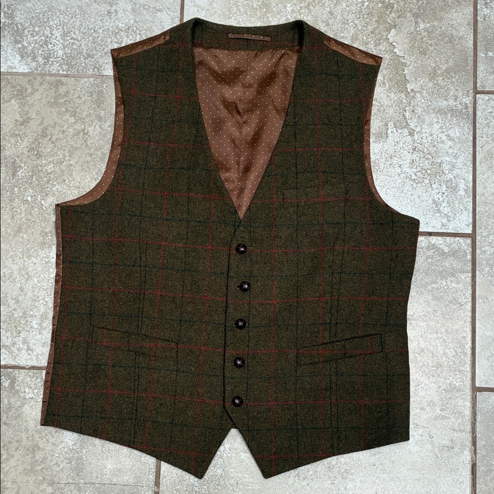 Men's Green Windowpane Wool Vest with Brown Lining